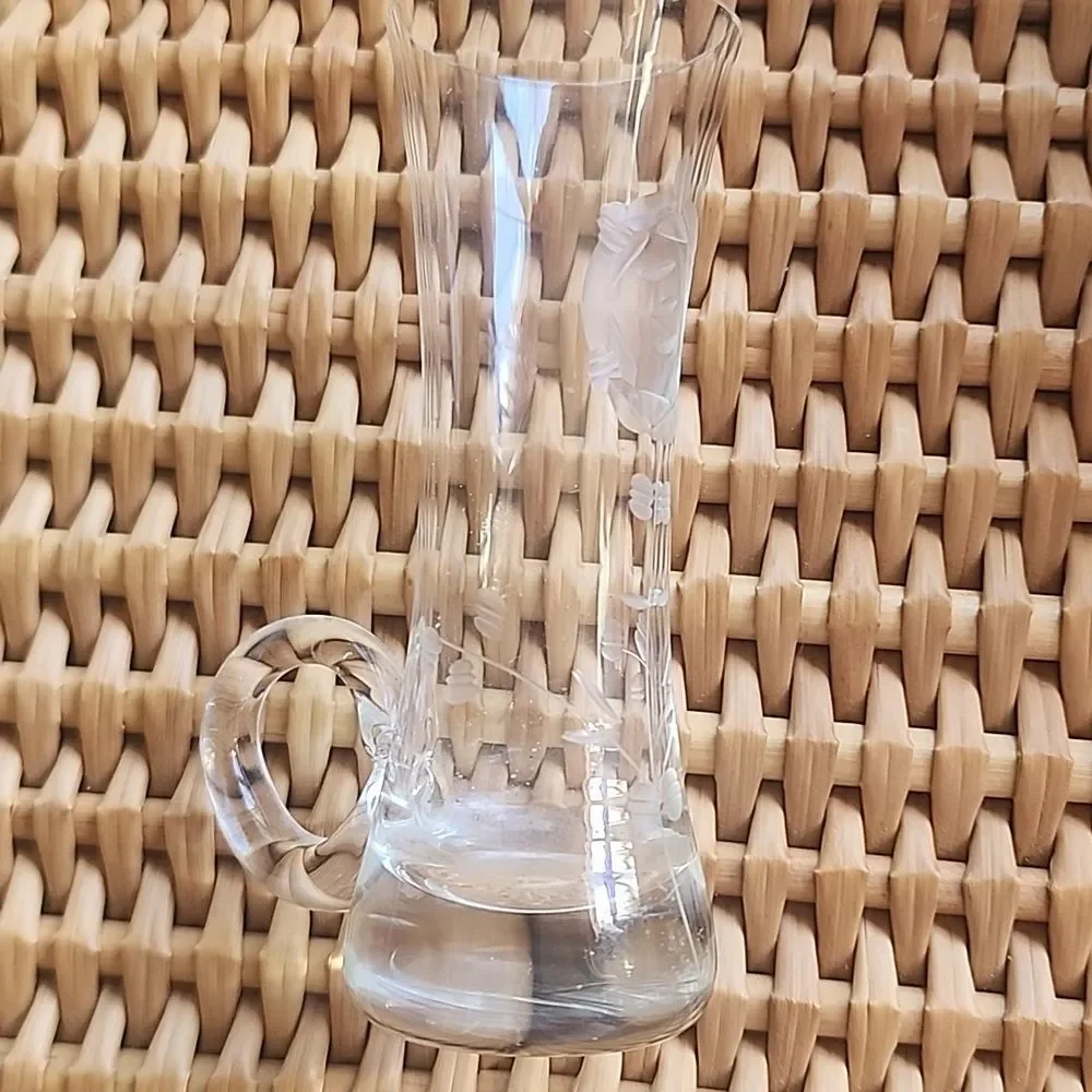 Vintage Floral Etched Glass Small Handled Bud Vase - Picture 5 of 8